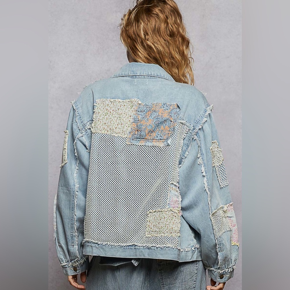 POL “ Driftwood Patch “ Twill Patchwork Jacket | Denim Blue - Picture 3 of 4